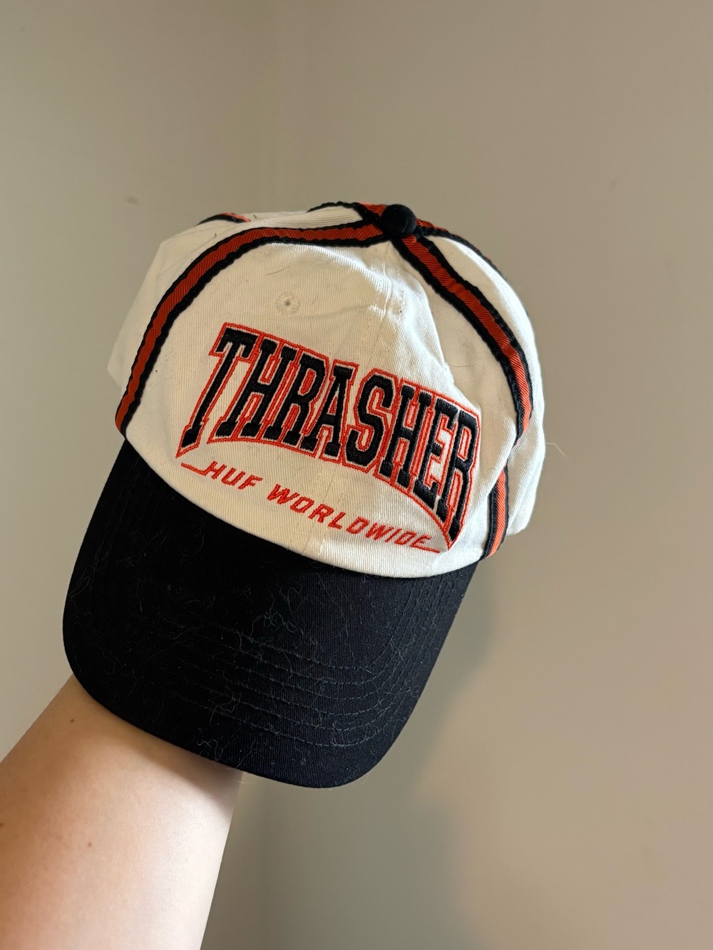 Thrasher x HUF White, Black & Red Thrasher Embroidered Cap